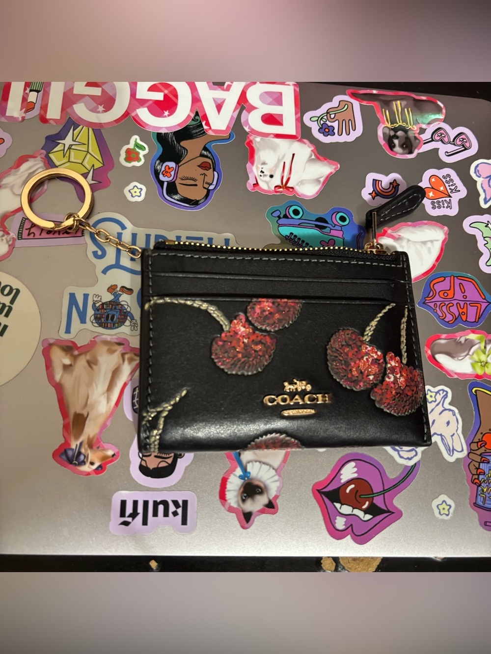 Coach Limited Edition Black Leather Cherry Card Case Wallet with Gold Key Ring - Picture 2 of 11